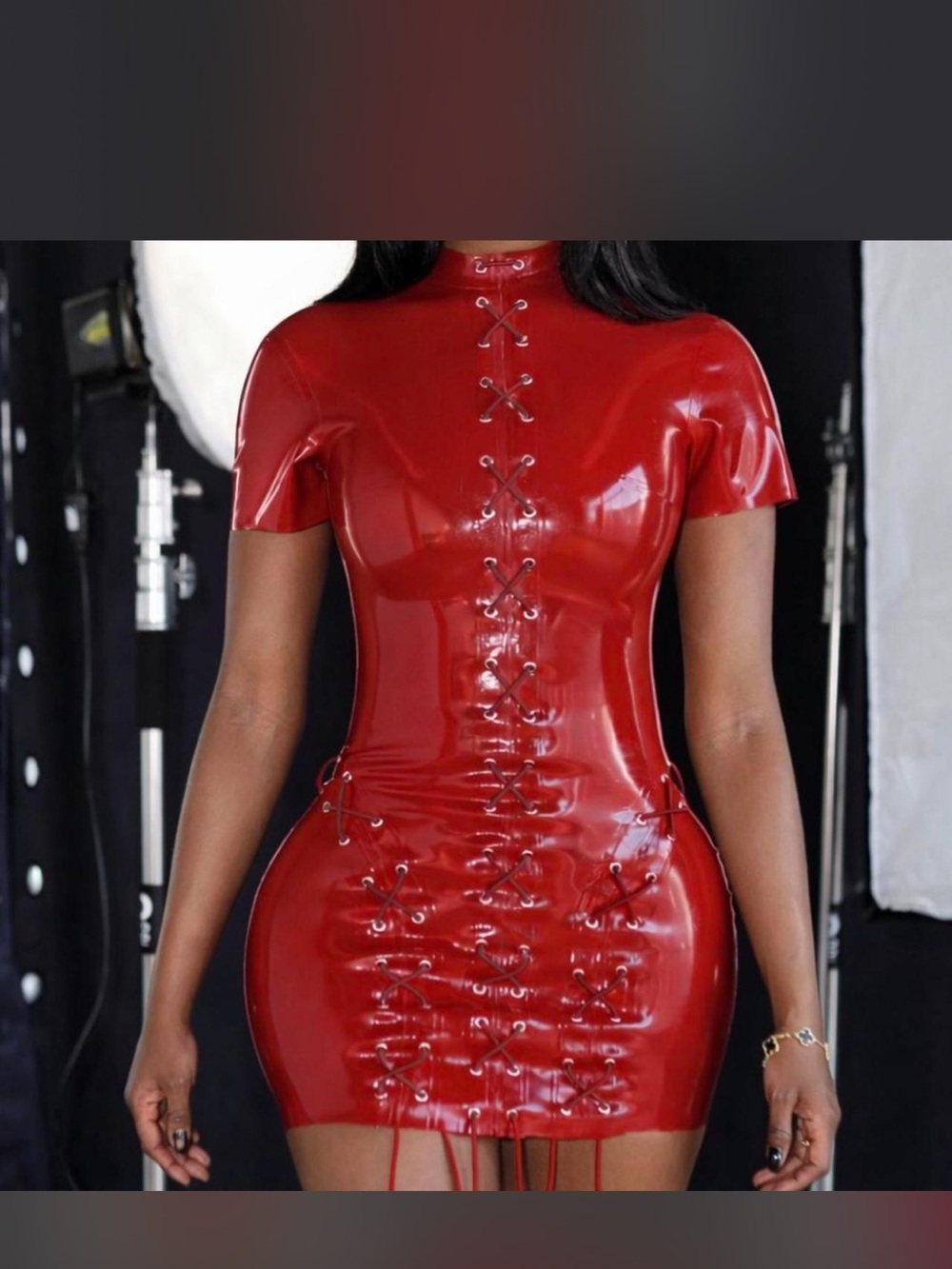 Alysse nyc Red Glossy Lace-Up Latex Mini Dress